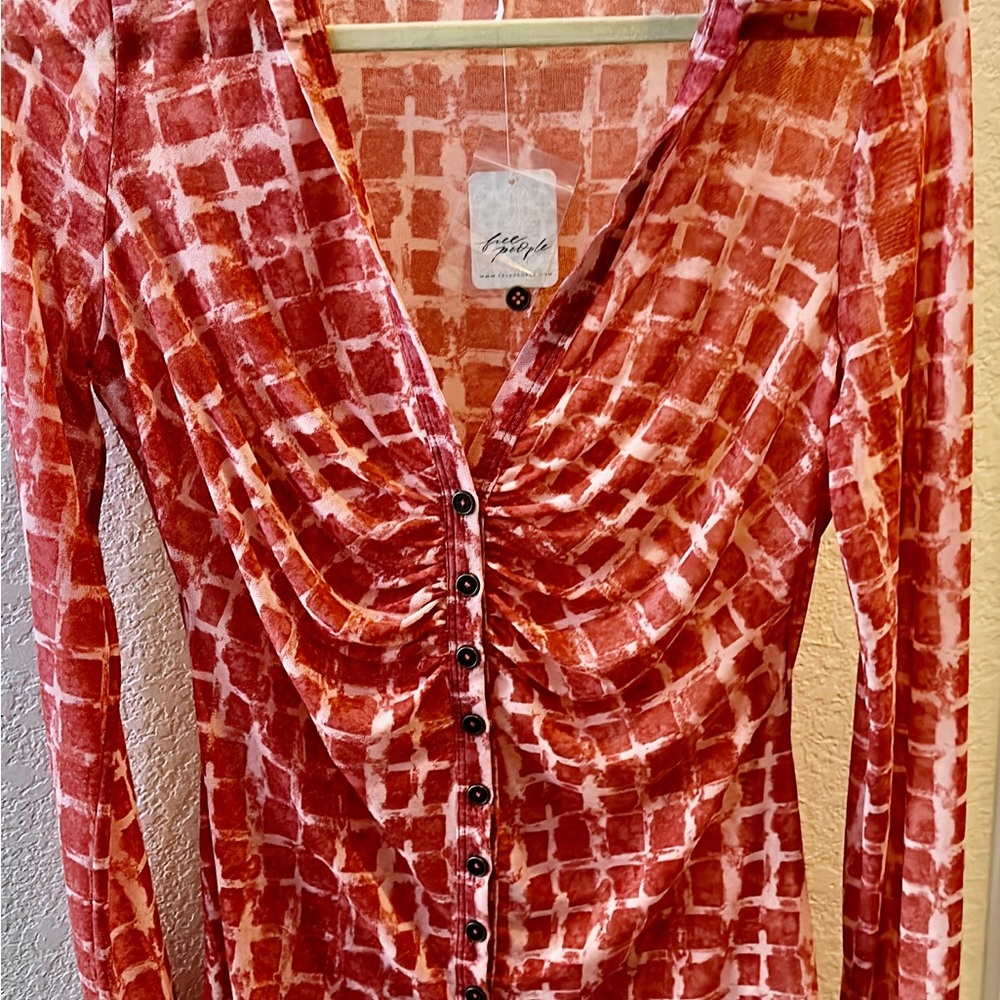 NWT . FP v-neck blouse. Red/white. Long bell style sleeves. Lightweight, soft.